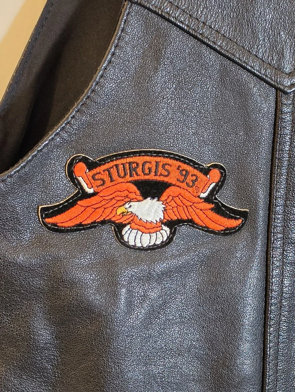 Vintage MOB Leather Biker Vest XL Patched Harley Davidson Bar Shield Sturgis 93